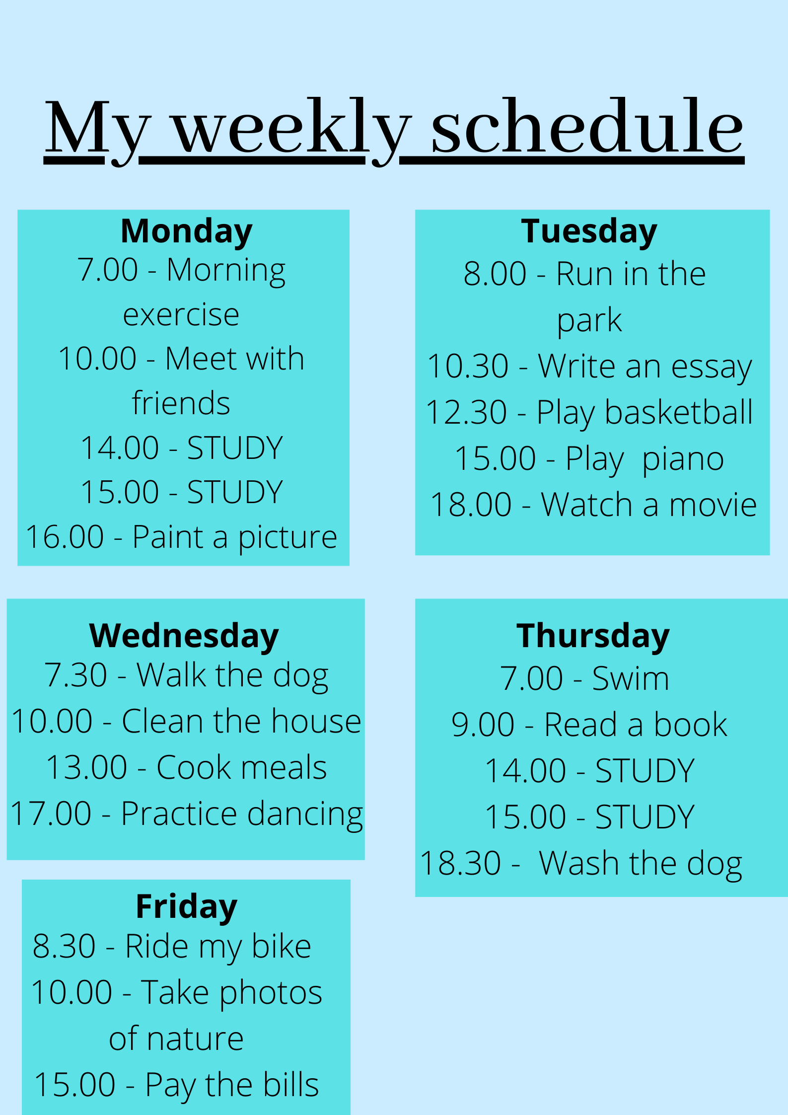 Hi, I am Alper and I have a dog called 'Rex'. Here is my weekly schedule.